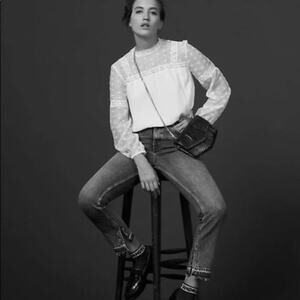 Sandro Paris Lace Eyelet High Neck Long Sleeve Blouse in White Womens Size 0